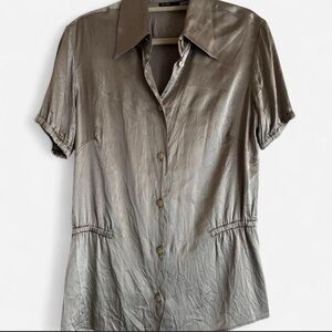 Silky Button-Front Short Sleeve Dress in Taupe